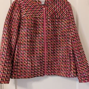 Chico's Red Blue White Blazer with Tweed Pattern and Cropped Style